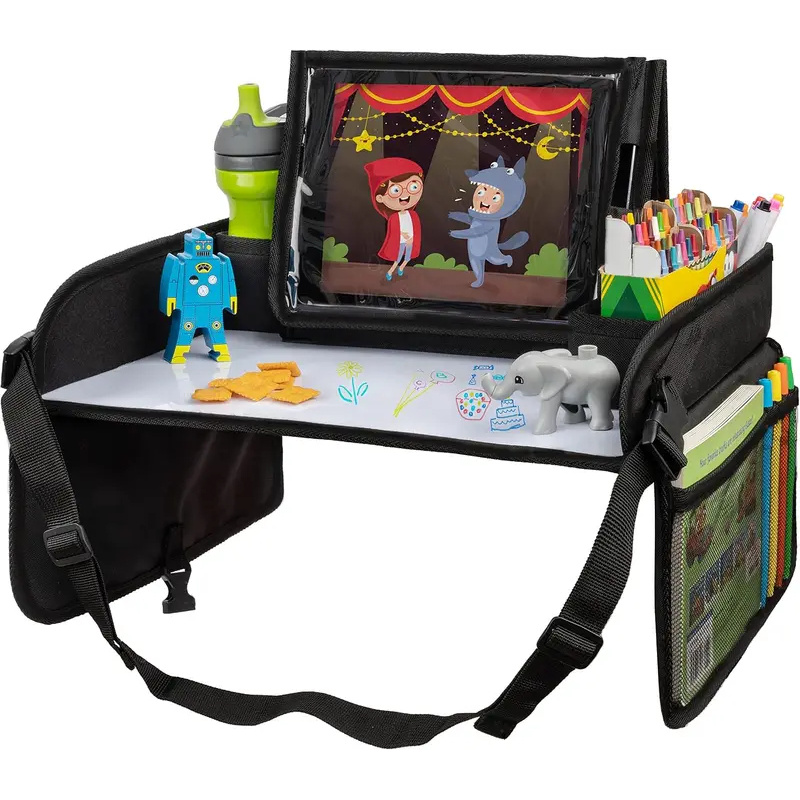 Tablet Lap Desk - โต๊ะวางของสำหรับเด็กในรถยนต์ พร้อมพื้นผิวแบบลบได้ ที่วางขนม และที่วางแท็บเล็ตสำหรับเบาะหลังรถ