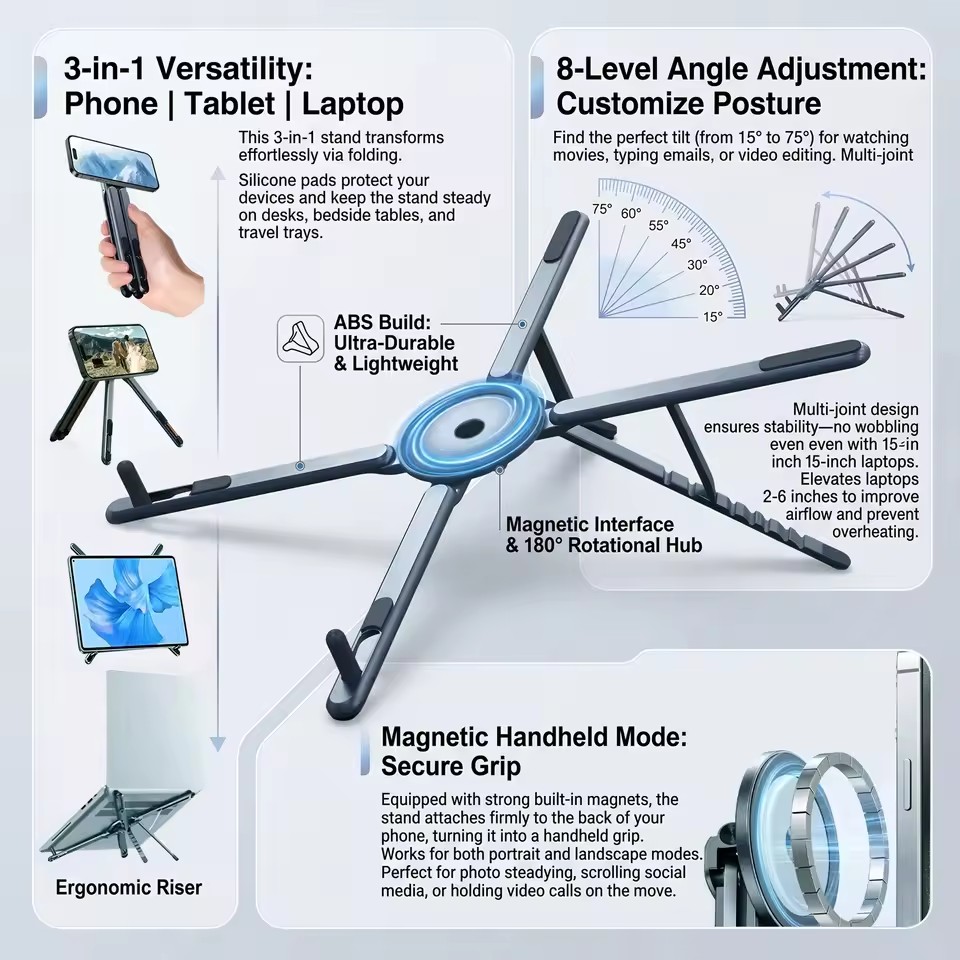 Tablet Holder Accessories - ที่วางโทรศัพท์แม่เหล็กแบบพกพาและไม้เซลฟี่ 3-in-1 ขาตั้งกล้องพับได้สำหรับ iPhone, iPad, แท็บเล็ต,