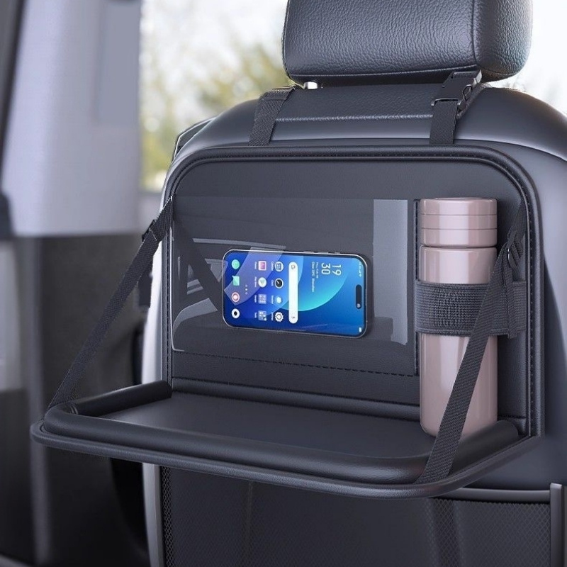 Tablet And Accessories Bag - ที่วางของหลังเบาะรถยนต์แบบพับได้ ถาดวางของหนัง PU ช่องใส่โทรศัพท์แบบสัมผัสหน้าจอ ที่วางแท็บเล็ต ที่วางแก้วกันความร้อน