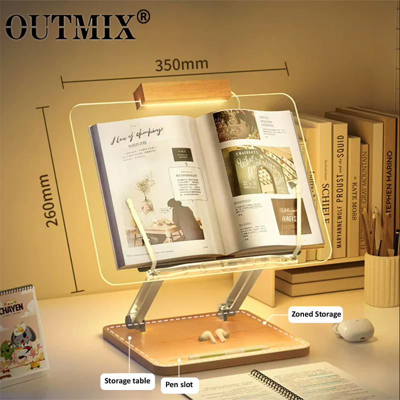 Tablet Holder Accessories - แท่นอ่านหนังสือไม้พร้อมไฟอะคริลิคใส ที่วางแท็บเล็ตแบบยกได้อเนกประสงค์ ที่วางแล็ปท็อป ชั้นวางหนังสือแบบตั้งโต๊ะ