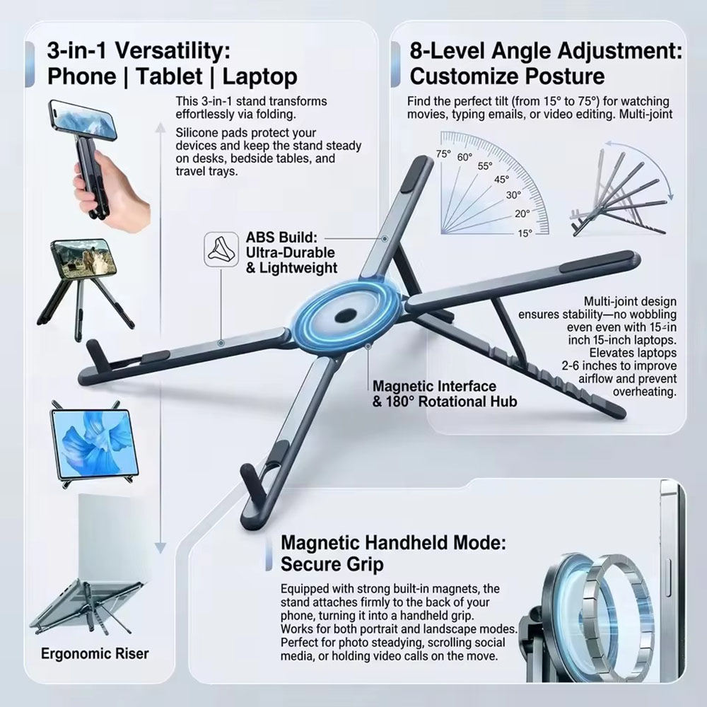 Tablet Holder Accessories - ที่วางโทรศัพท์แม่เหล็กแบบพกพาและไม้เซลฟี่ 3-in-1 ขาตั้งกล้องพับได้สำหรับใช้งานกับ iPhone, iPad, แท็บเล็ต,